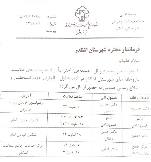 طبق قانون داروخانه‌های اشکذر باید خدمات شبانه روزی ارائه کنند
