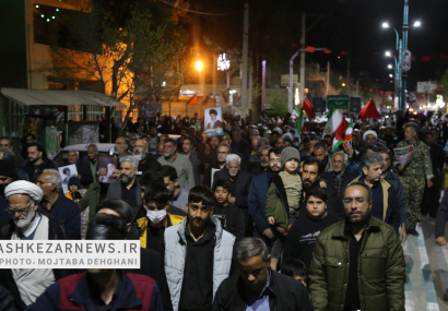 راهپیمایی مردم اشکذر در محکومیت رژیم صهیونیستی و آمریکا و سوگواری شهادت رهبر انقلاب